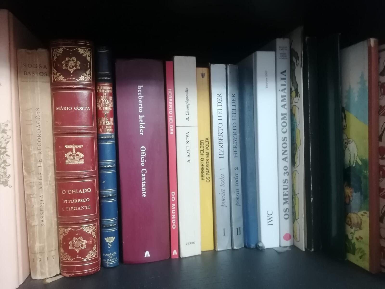 Livros e edições alinhados numa estante